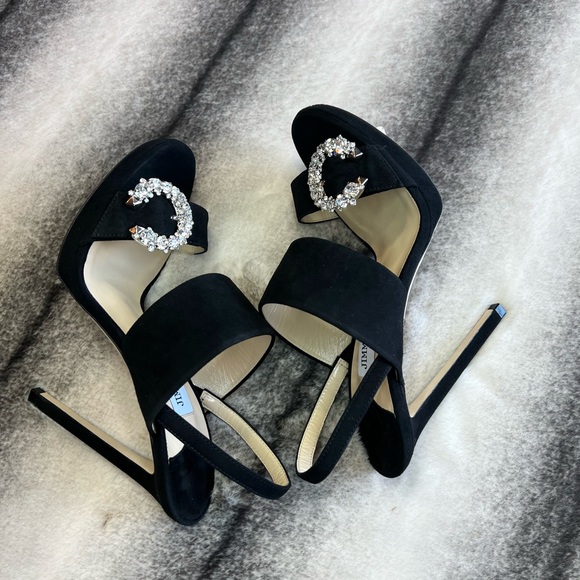 Jimmy Choo Saphie 120 mm Crystal Charm Black Suede Platform Heels - Picture 7 of 10